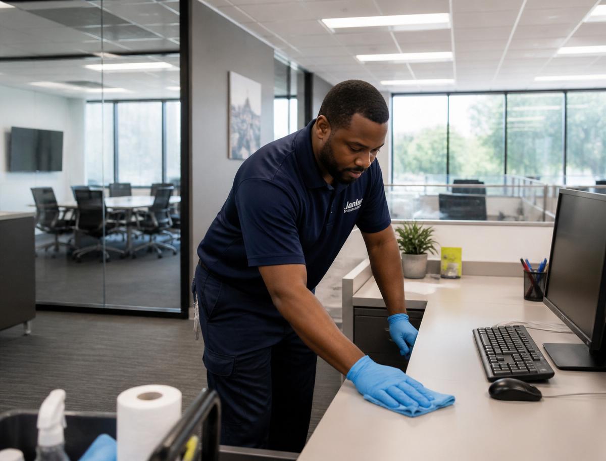 Professional commercial office cleaning crew sanitizing a modern San Diego workspace