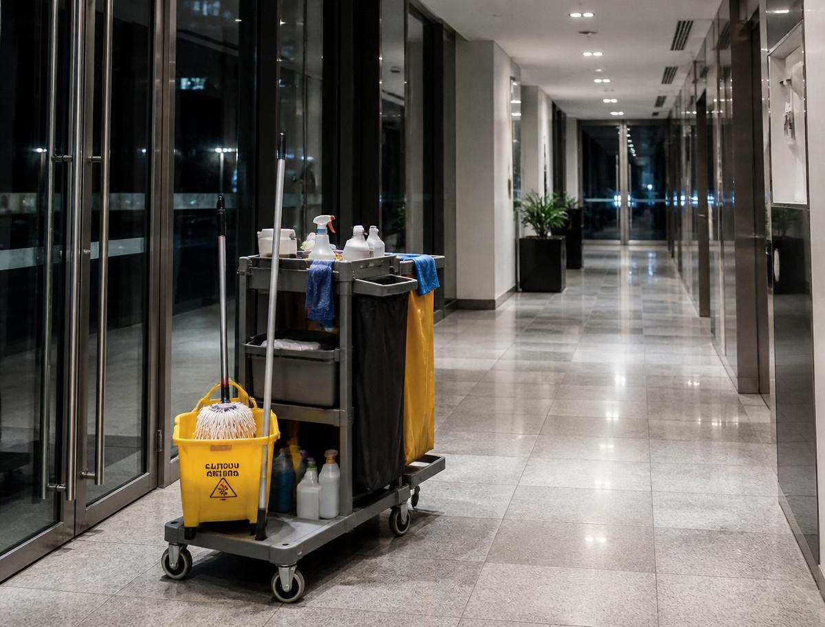Janitorial cleaning cart in a commercial hallway for recurring nightly service
