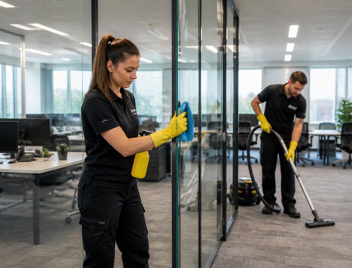 Professional cleaners working carefully in a commercial business space