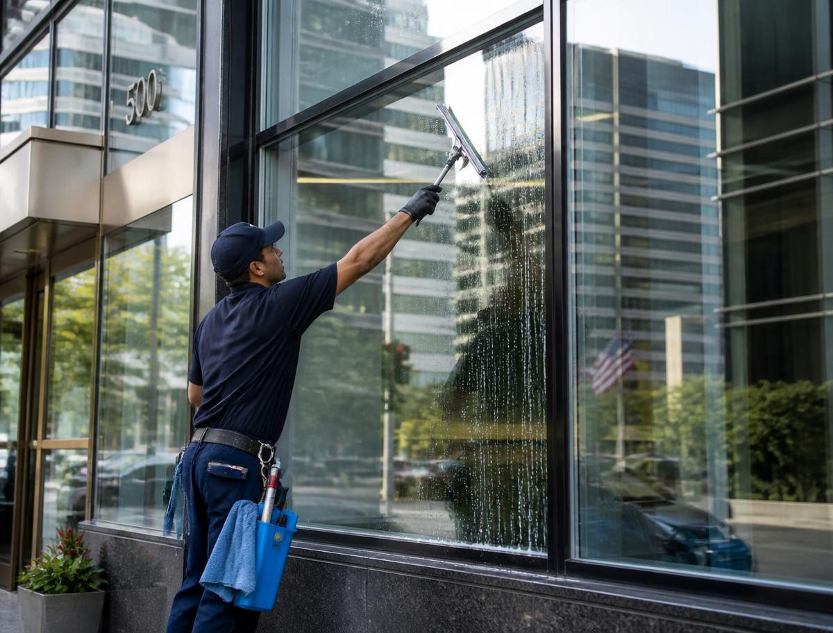 Window cleaning squeegee on bright commercial glass for a San Diego storefront